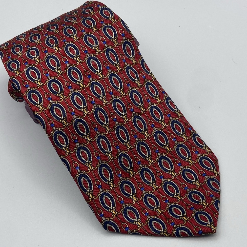 Robert‎ Talbott Studio Red Tie Navy Blue Oval Shapes Silk USA
